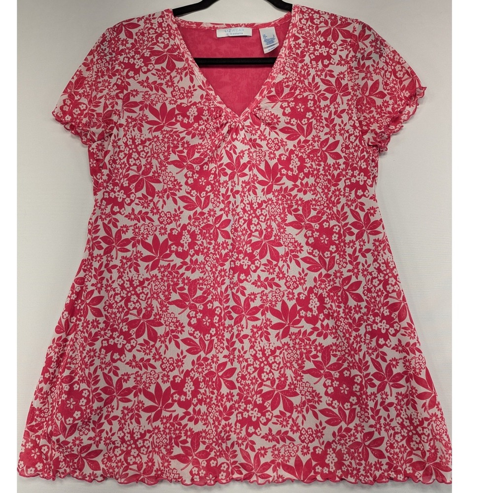 Lizwear Liz Claiborne Pink White Floral‎ Mesh V-Neck Blouse L